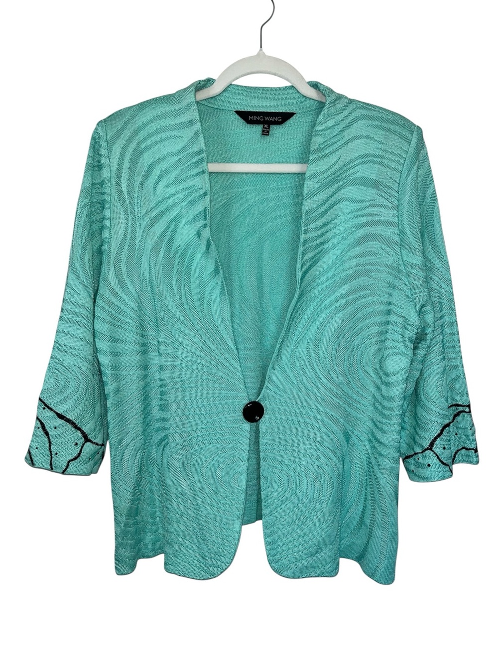 Ming Wang Women's XL Aqua Knit Jacket Cardigan Black Embellished Sleeve Office - Picture 2 of 10